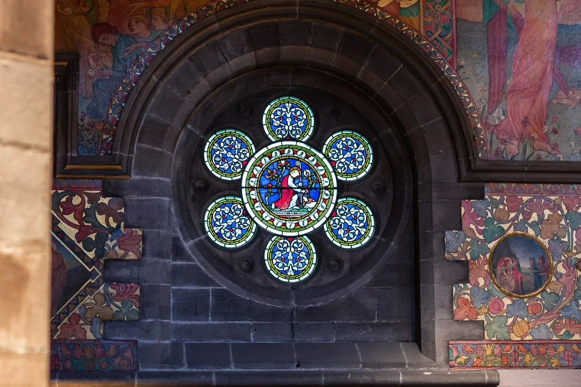 stained glass window of Mansfield Traquair