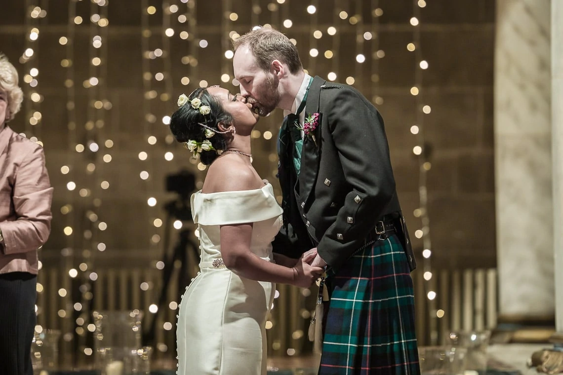 Mansfield Traquair Wedding Photos - Nithya and Ross newlyweds first kiss