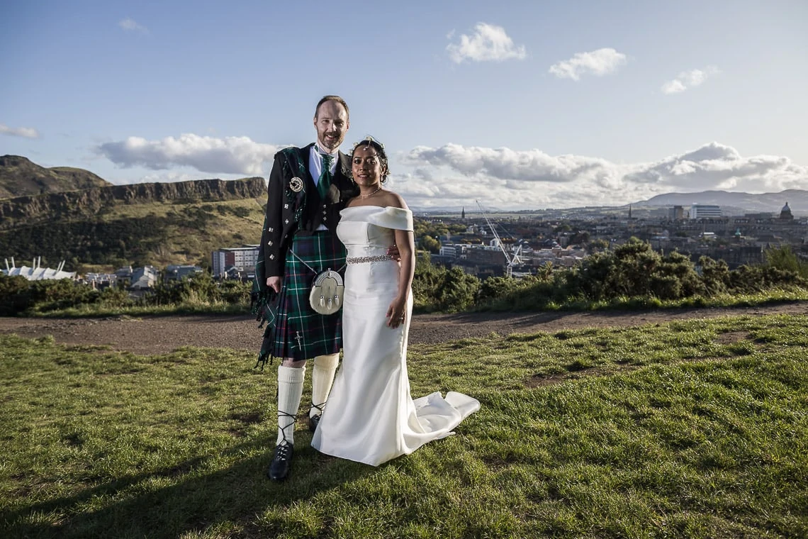 newlyweds on Calton Hill in Edinburgh