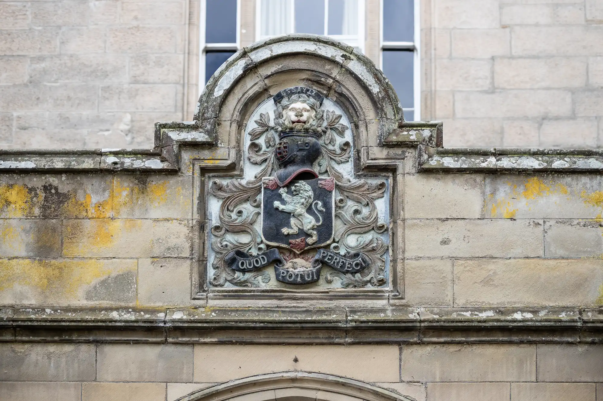 A stone emblem on a building's exterior wall featuring a lion, shield, and Latin inscription "Quod Potui Perfeci" under a window. The stone is aged with moss and marks.