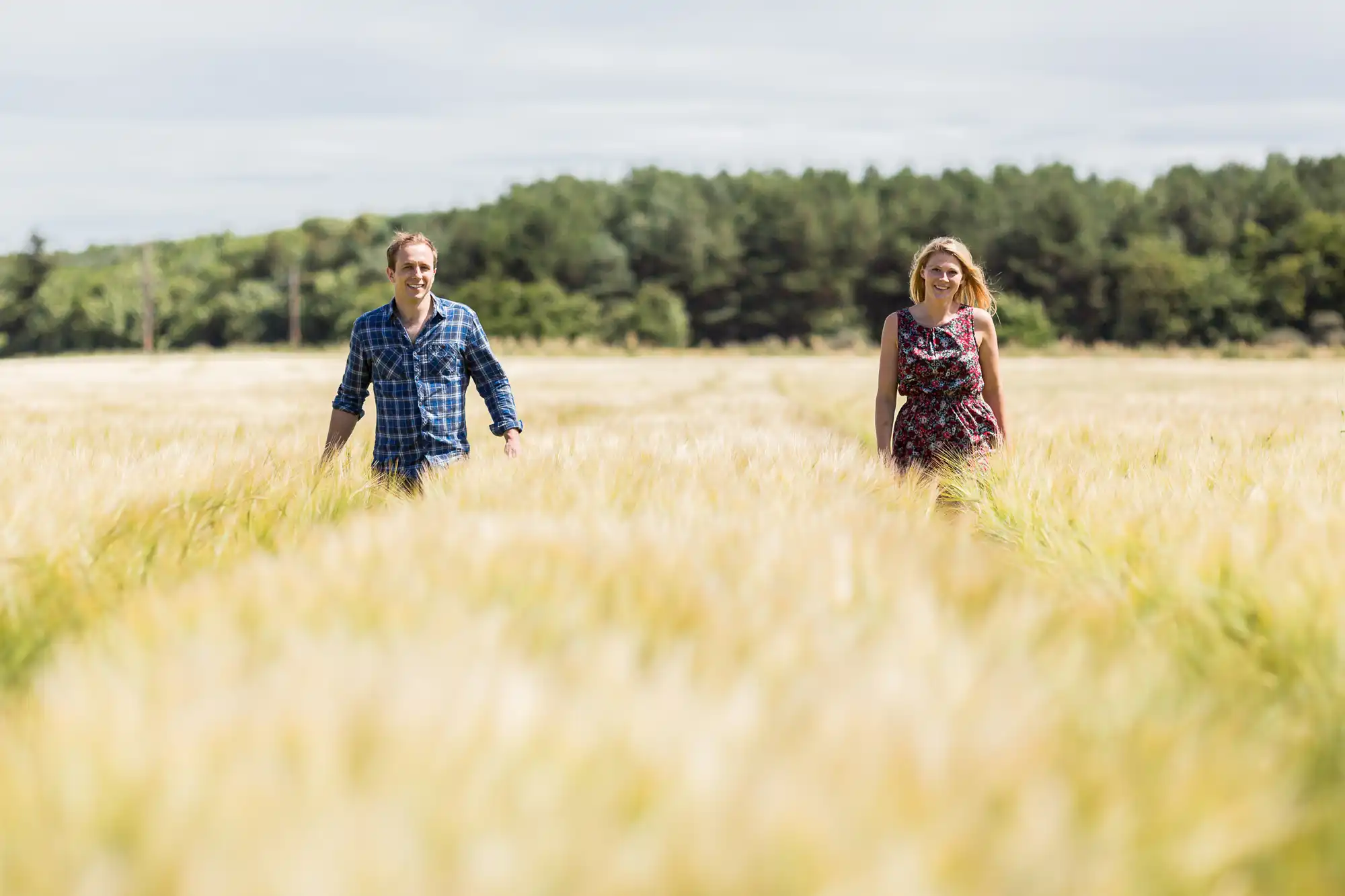 Two people, a man and a woman, happily walking through a golden wheat field on a sunny day, facing towards the camera.