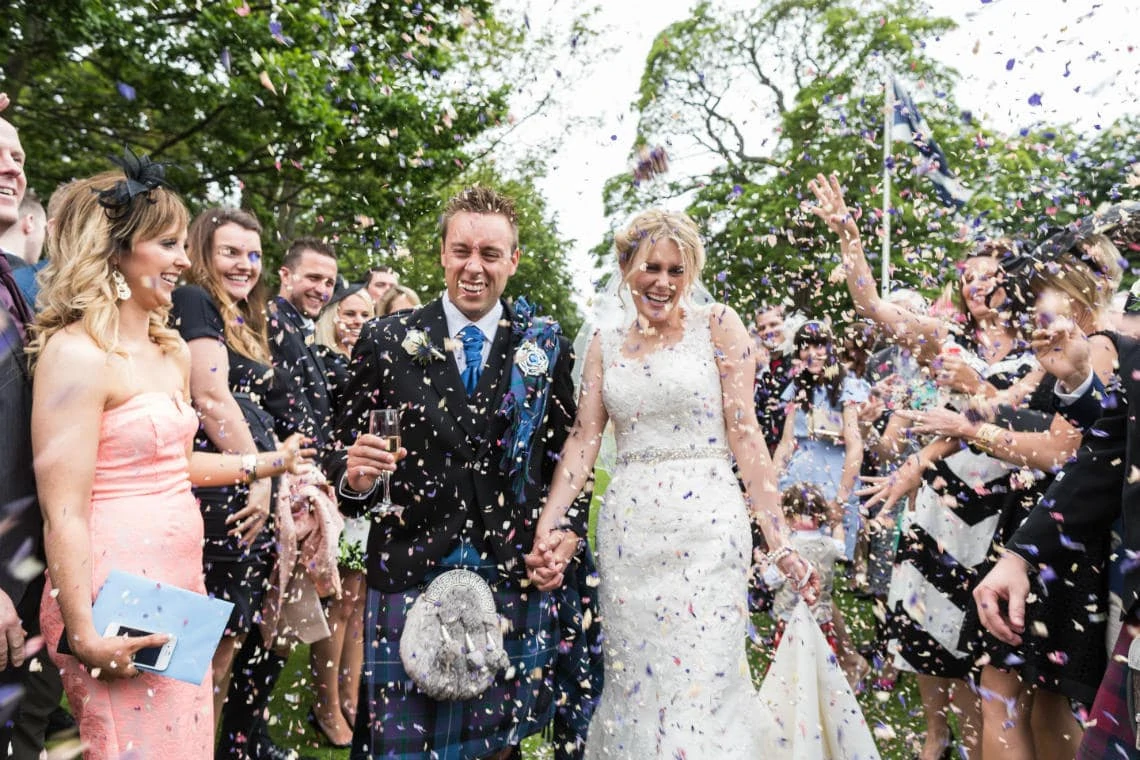 confetti shower on the lawn of Prestonfield House