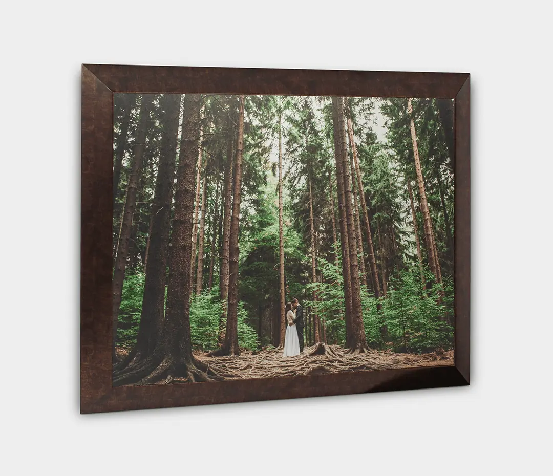 Framed photograph depicting a couple standing in a dense forest surrounded by tall trees.