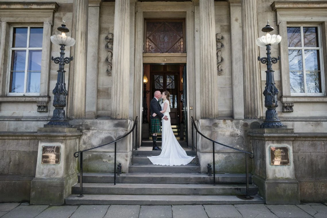 Royal College of Physicians of Edinburgh Queen Street entrance newlyweds kissing