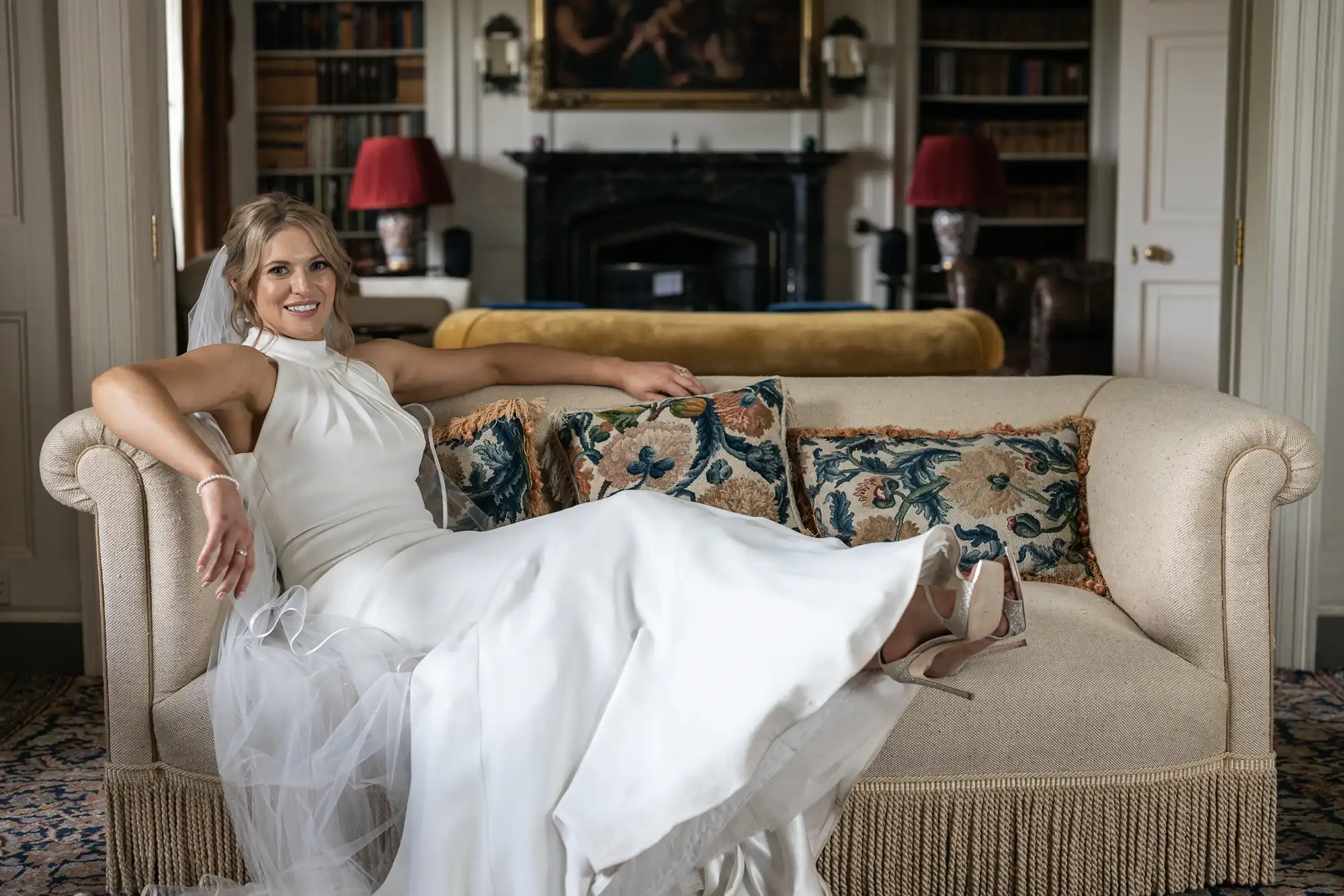 bride pose on a sofa