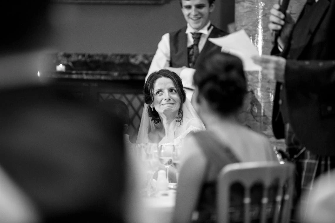 bride reaction during father of the bride speech in the Great Hall