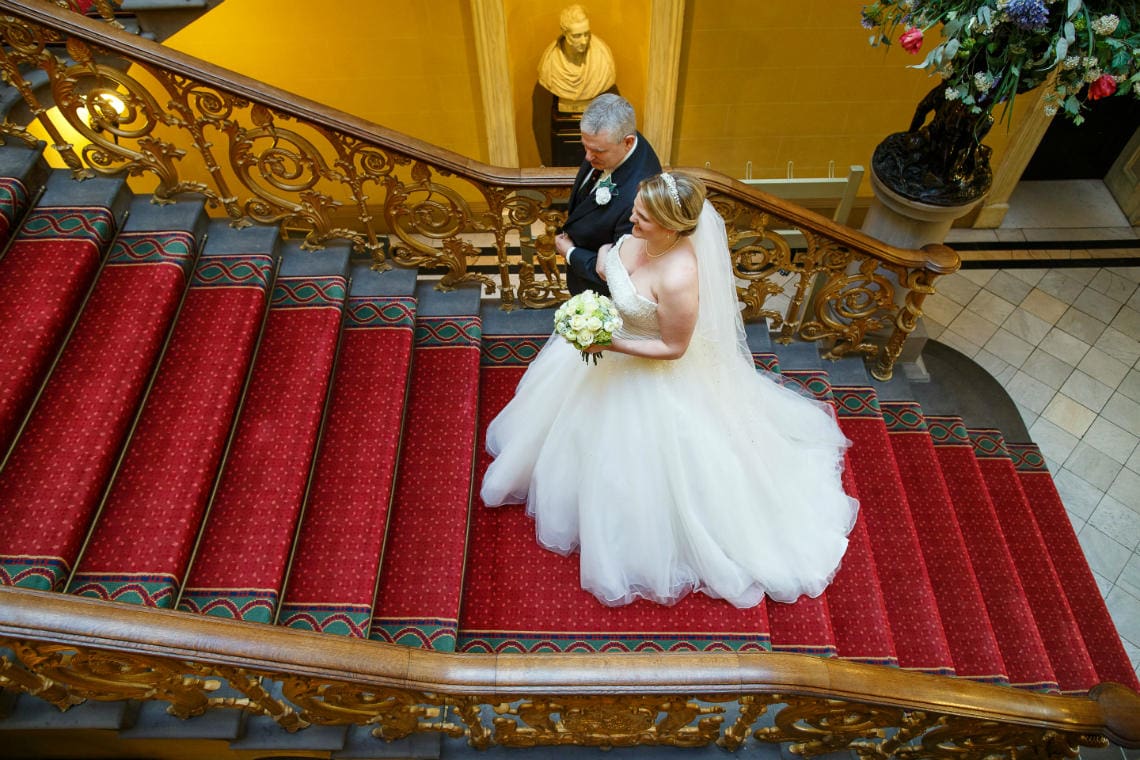 bride and father walking up the grand staircase at RCPE