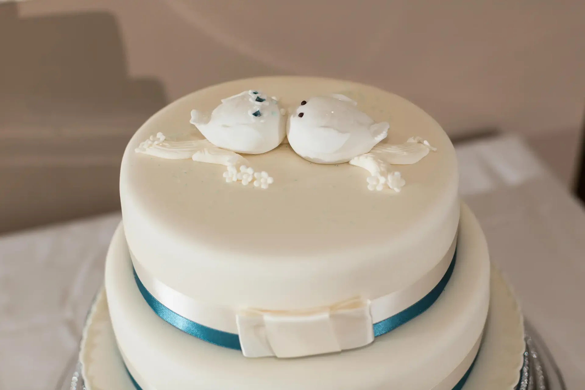 A wedding cake with a white fondant icing, adorned with a blue ribbon, a white bow, and two decorative birds on top.