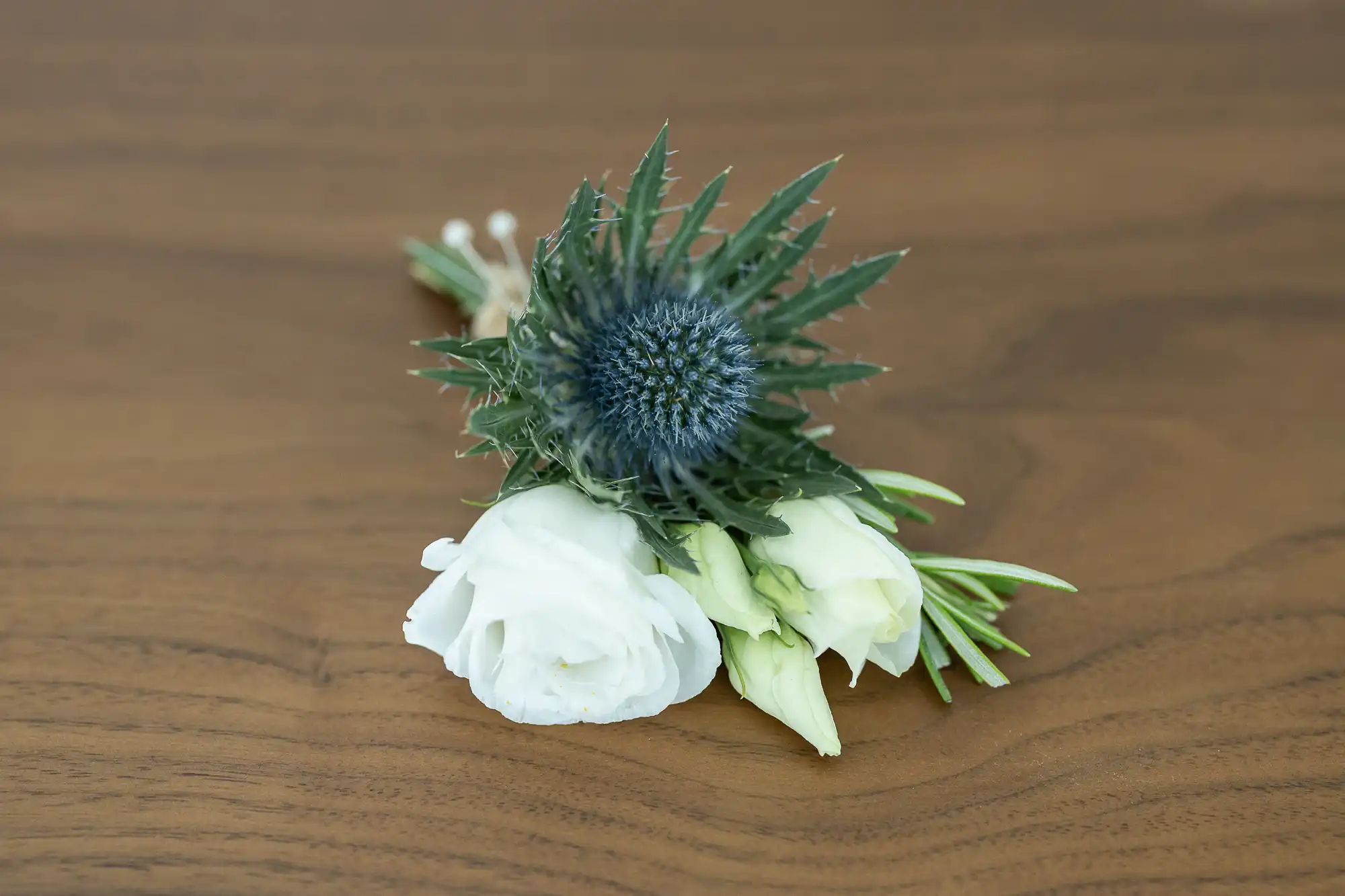 A small floral arrangement on a wooden surface, featuring a central thistle with spiky leaves and two white blossoms.