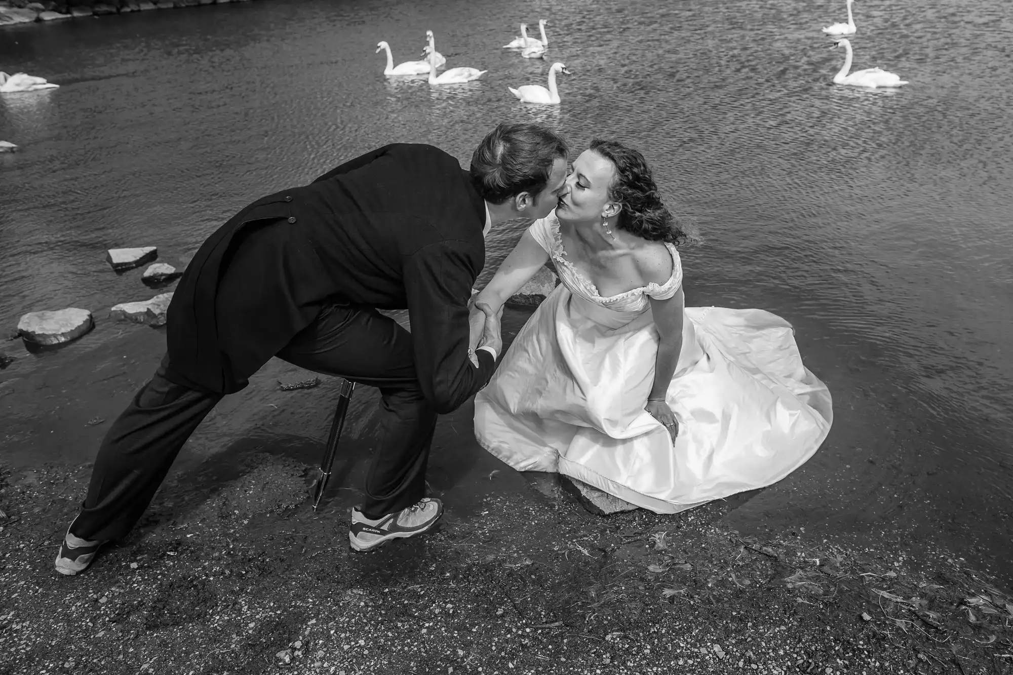 A couple in wedding attire sharing a kiss while standing in a pond surrounded by swans.