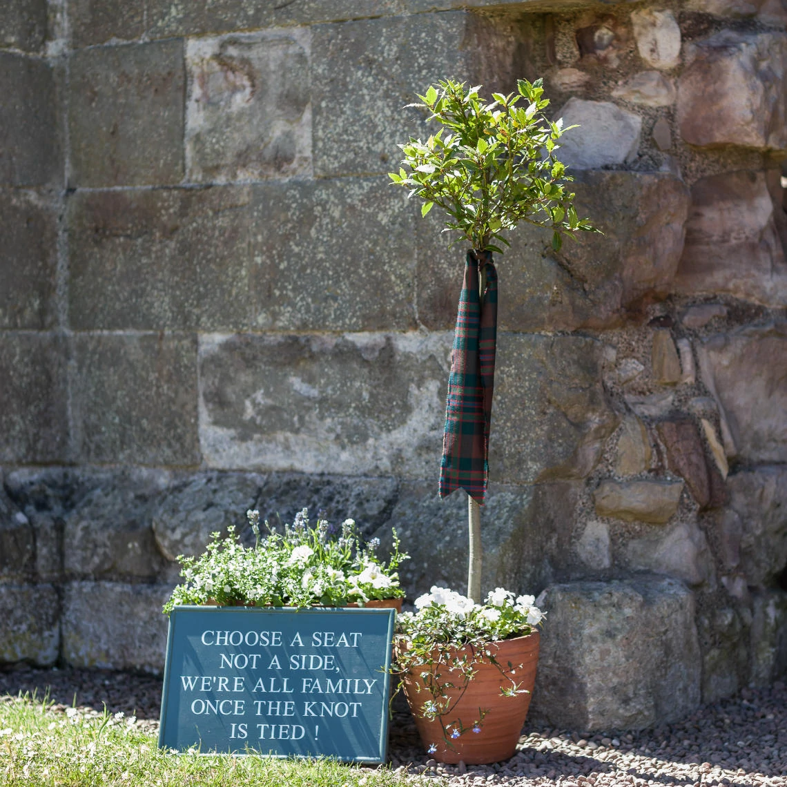 bay tree with tartan ribbon outside the church