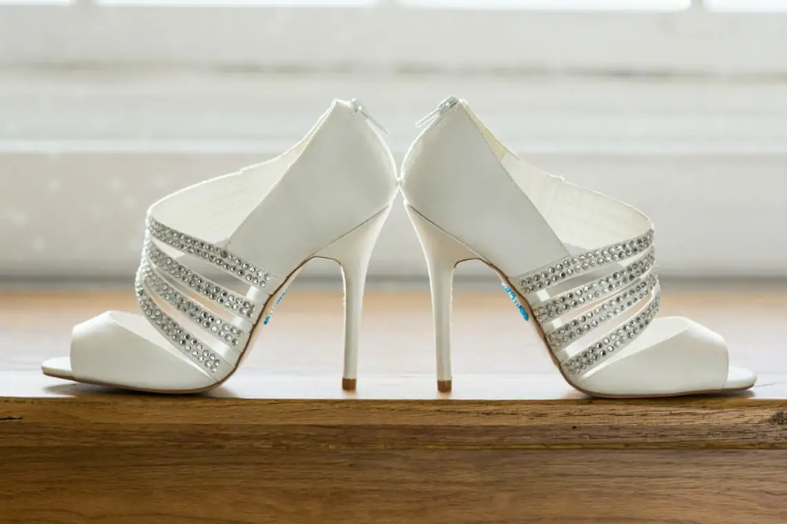 High heeled white and crystal wedding shoes