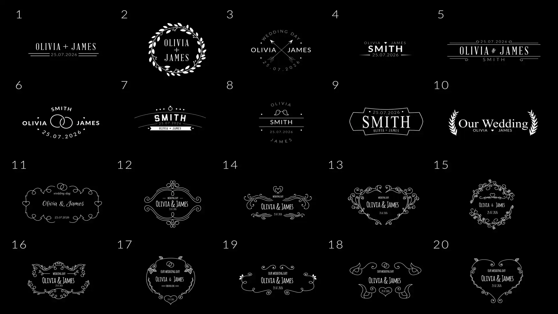 A grid of 20 different black and white wedding logo designs, each featuring names and decorative elements such as laurel wreaths, banners, and hearts on a black background.