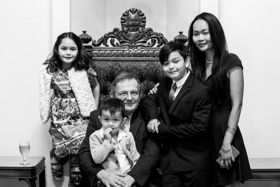 black and white photo of family at wedding