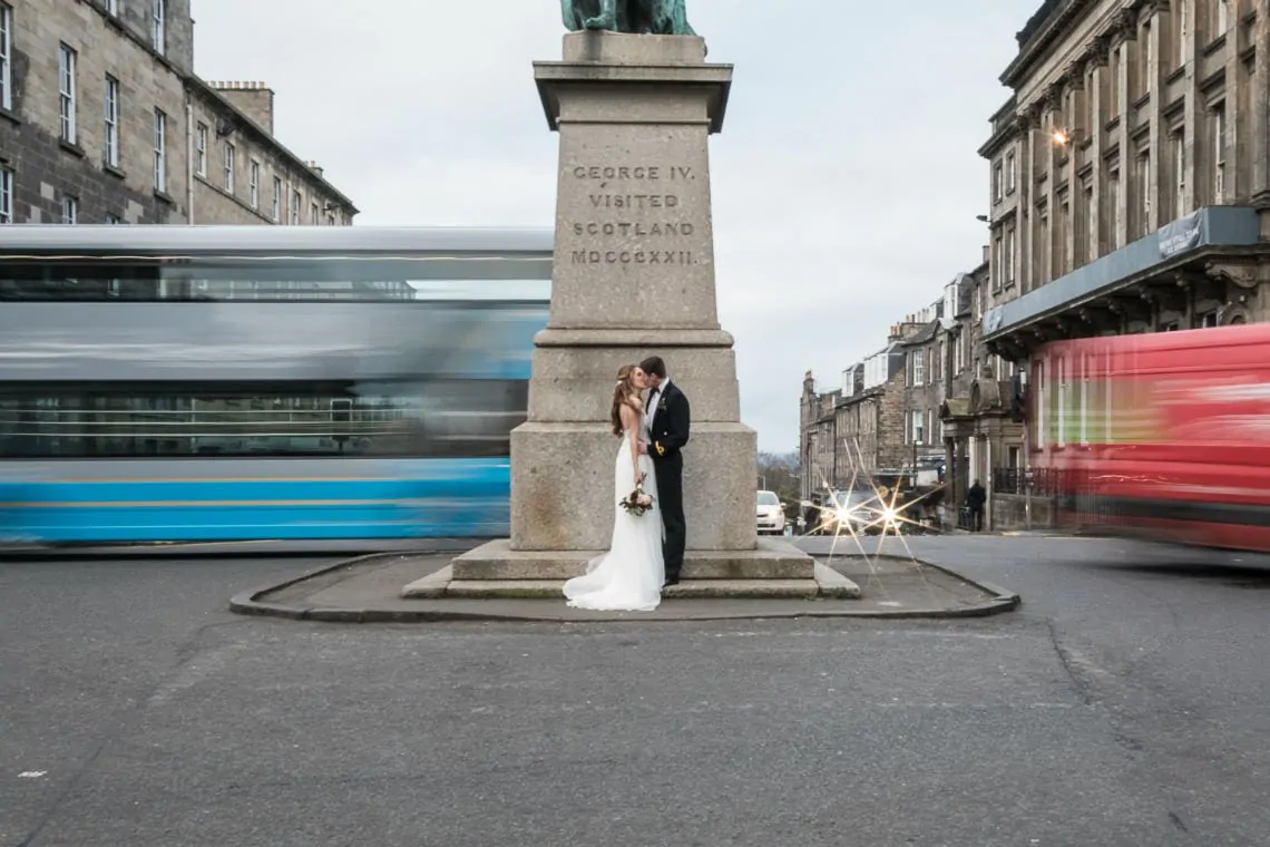 newlyweds at King George Statue George Street