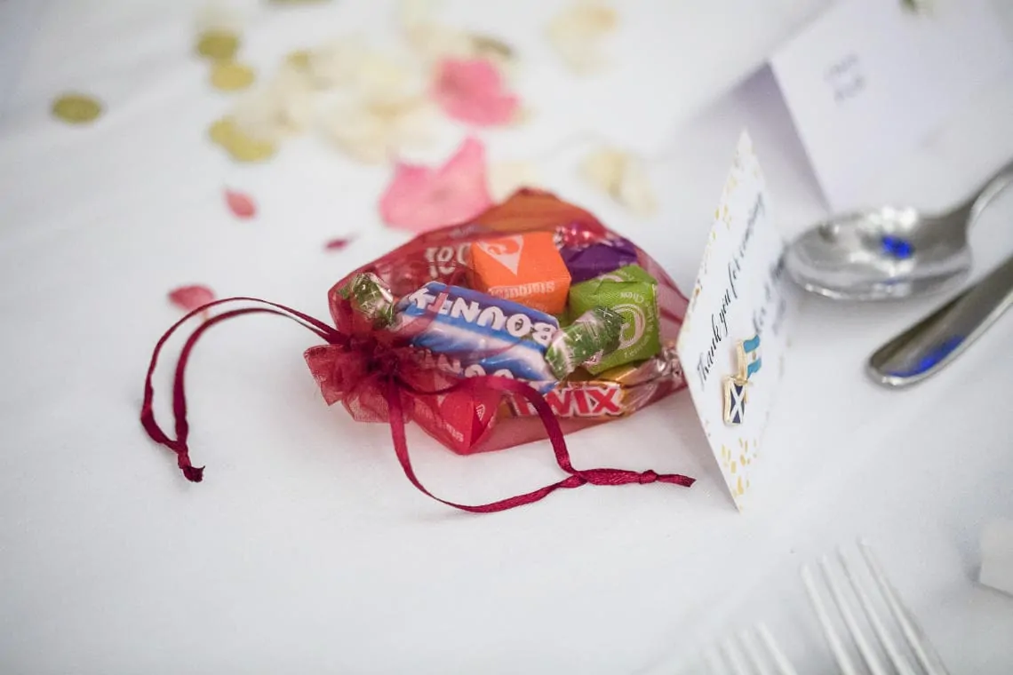wedding favours on a table in the King's Hall