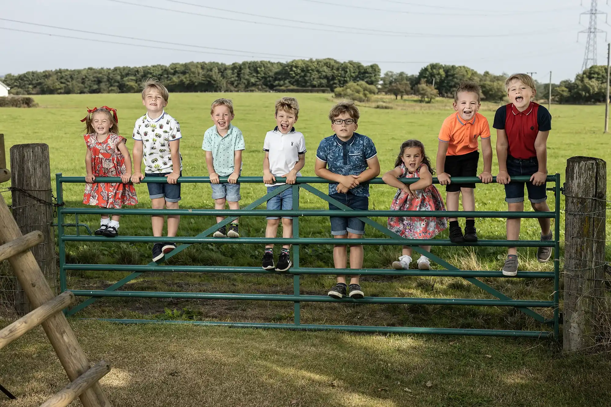 Seven children sitting on a metal gate in a green field, with trees and power lines in the background.