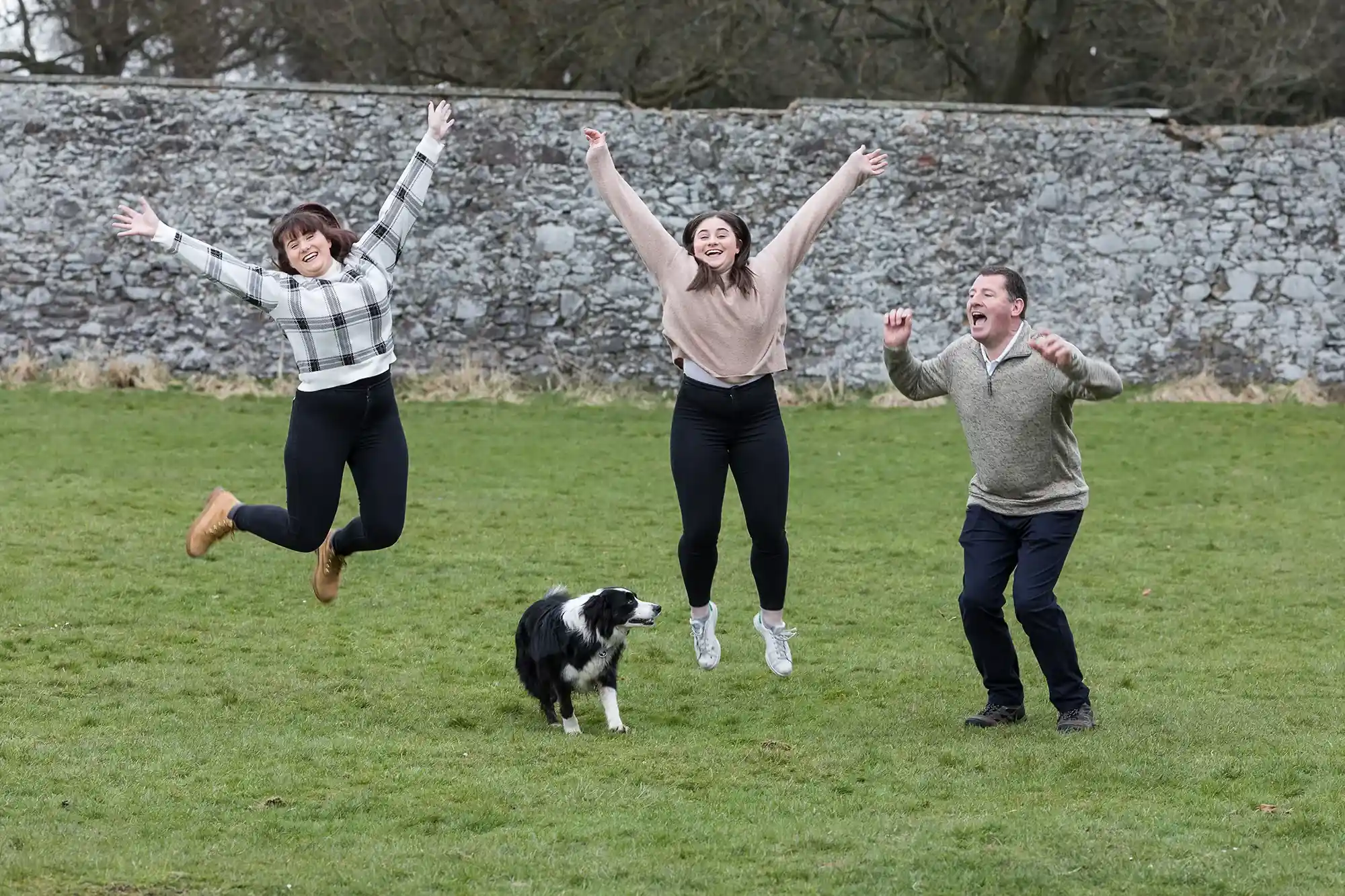 Three people and a dog are jumping in the air on a grassy field with a stone wall in the background.