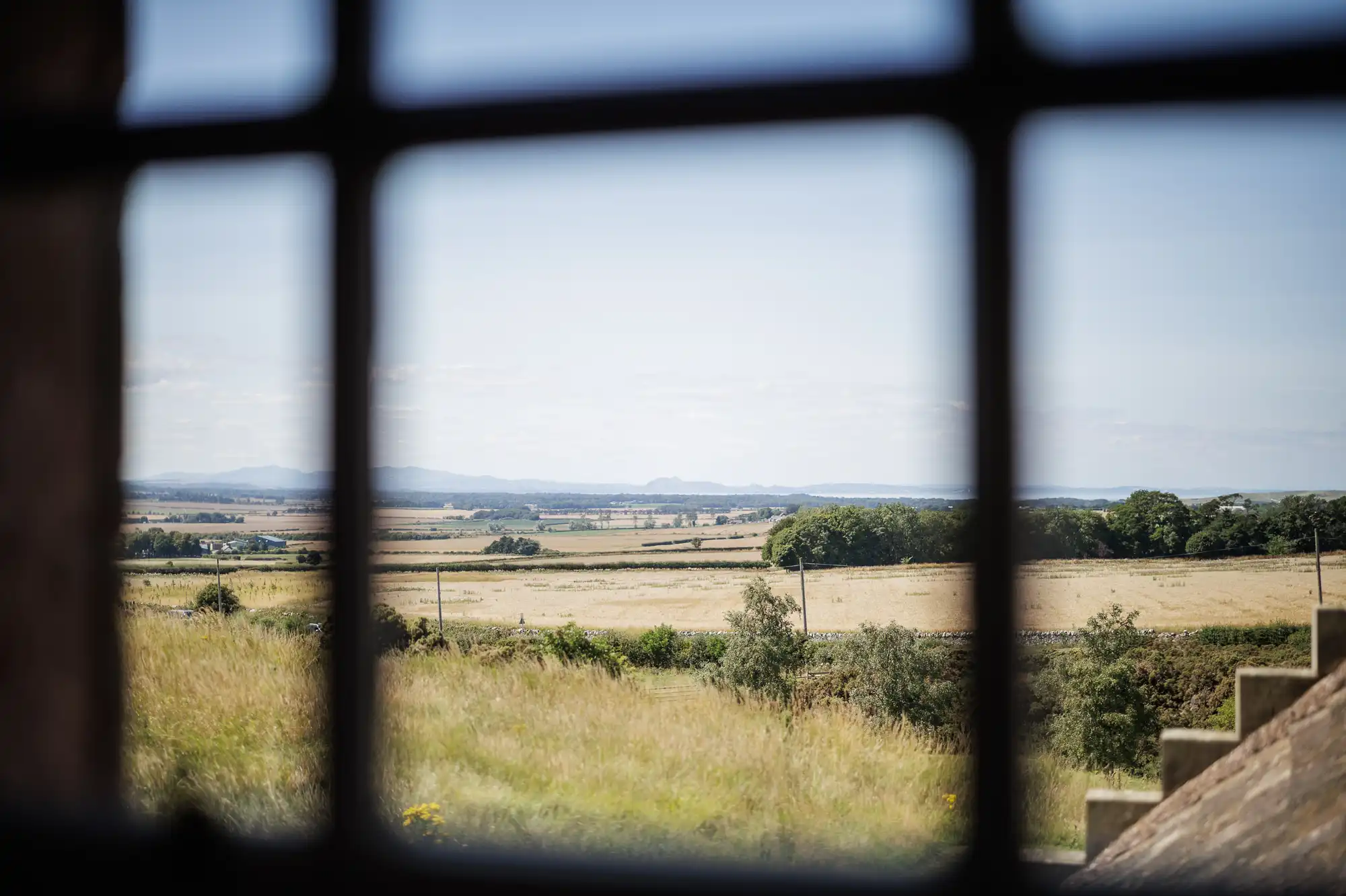 A rural landscape with fields, trees, and distant hills is seen through a window with black grid panes. The view is partially obscured by the window frame, and sunlight brightly illuminates the grassy area outside.
