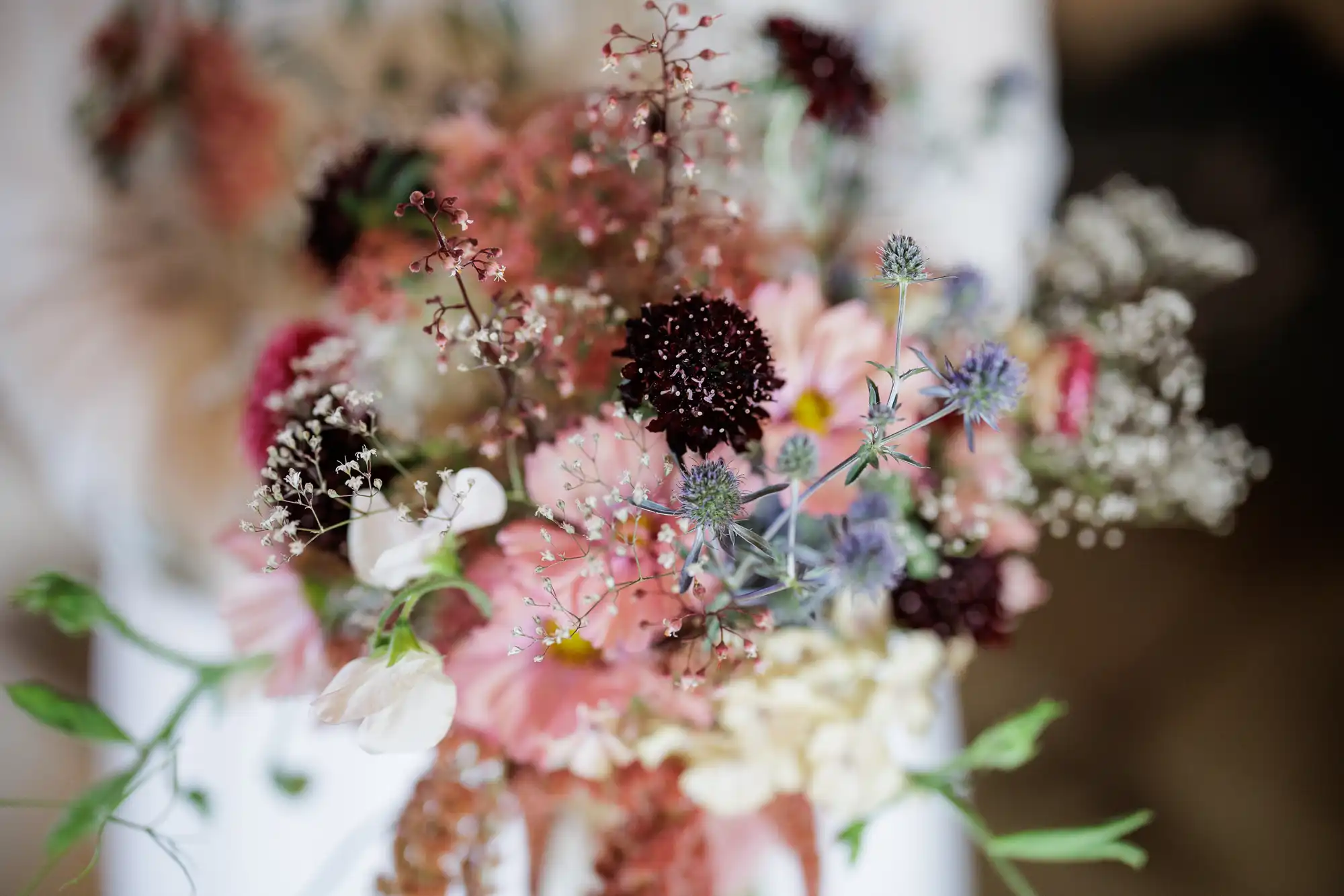 A close-up of a colourful bouquet featuring dark purple, pink, and white flowers, delicate baby's breath, and sprigs of spiky blue thistle, all surrounded by soft green leaves and set against a blurred background.