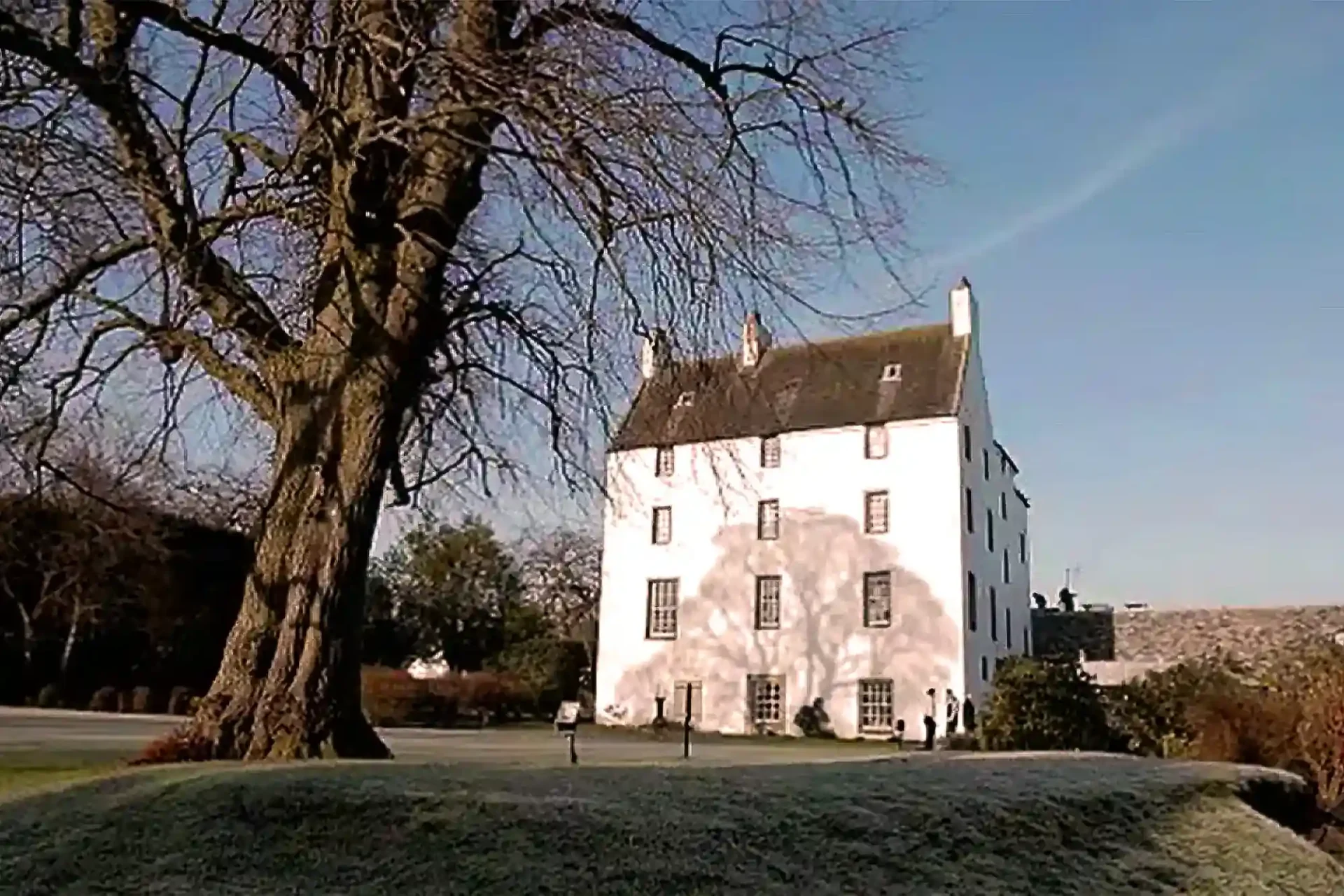 A large leafless tree stands in front of a tall, white, four-story house, Houstoun House, with a dark roof on a clear day.