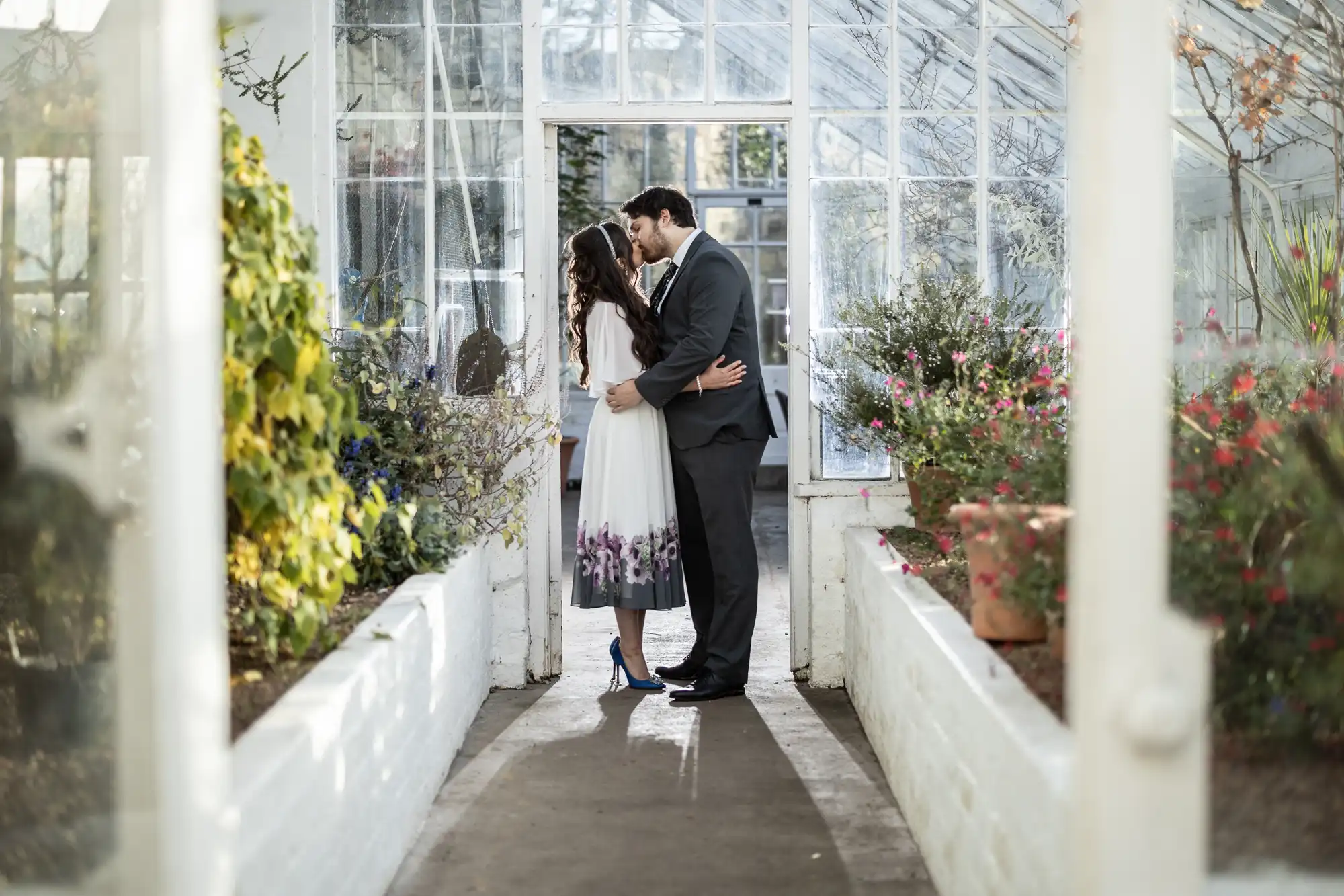 A couple stands embracing and kissing in the middle of a greenhouse corridor filled with lush green plants and flowers. The woman wears a white dress with purple flowers and blue heels; the man wears a dark suit. Sunlight streams through the glass walls and ceiling.