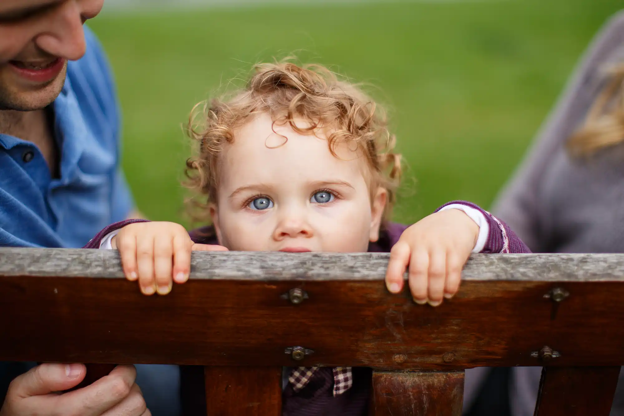 Toddler with curly hair peering over a wooden fence, flanked by adults, in a park setting.
