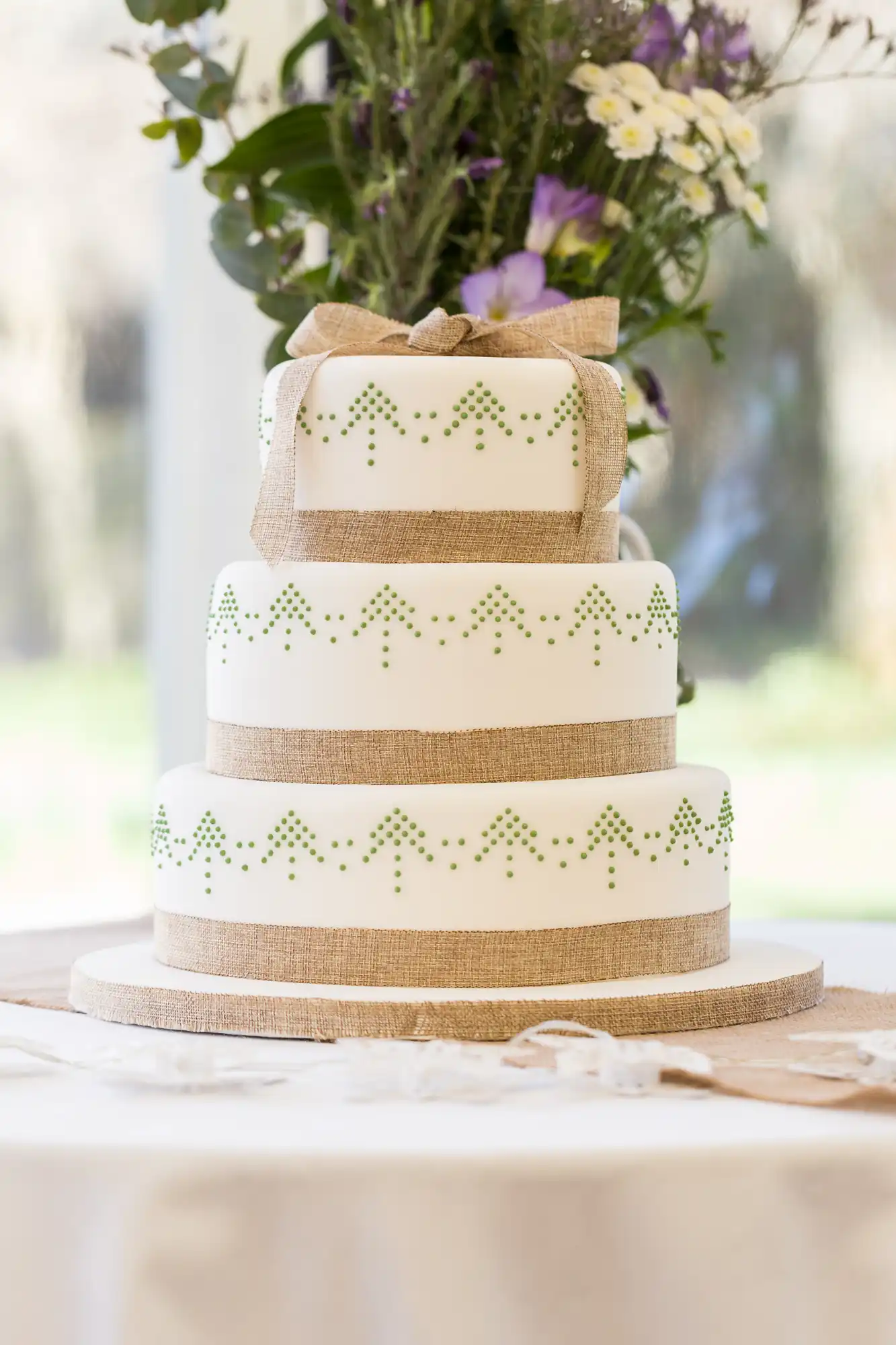 Three-tier white cake decorated with green dotted tree patterns and hessian ribbon bands around each tier, topped with a hessian bow. The cake sits on a white cloth-covered table with a floral arrangement in the blurred background.