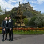same-sex newly-weds in Princes Street Gardens Ross Fountain