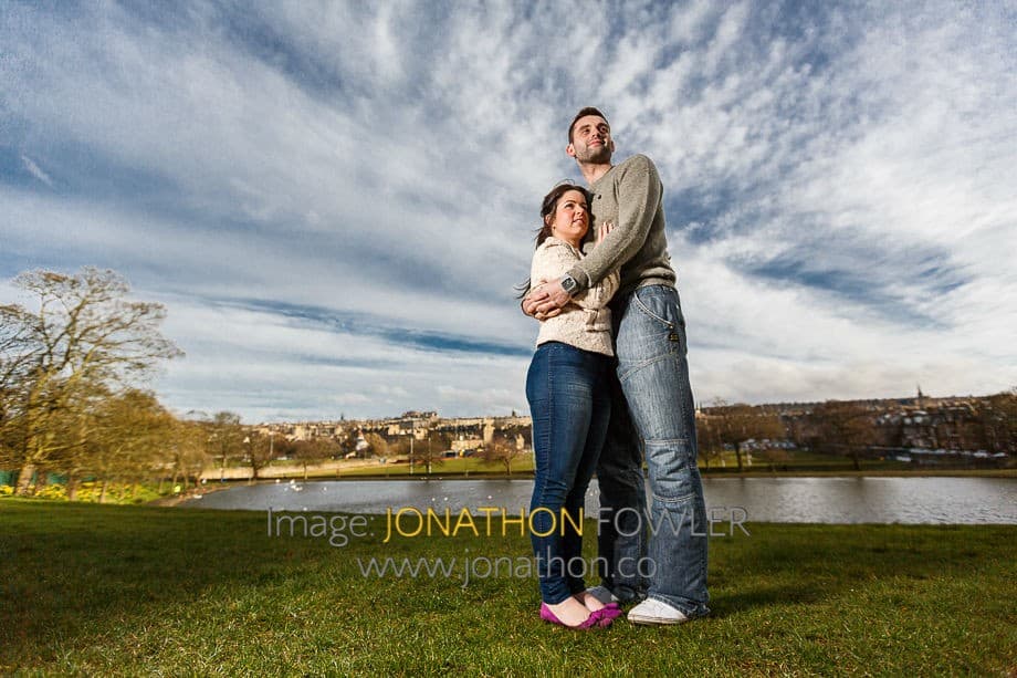 Amy and Kieran engagement photographer session at Inverleith Park with Inverleith Pond in the background